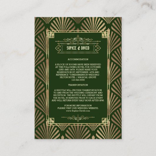 ラグジュアリー金ゴールドダークグリーン結婚アールデコズ詳細 エンクロージャーカード (正面)