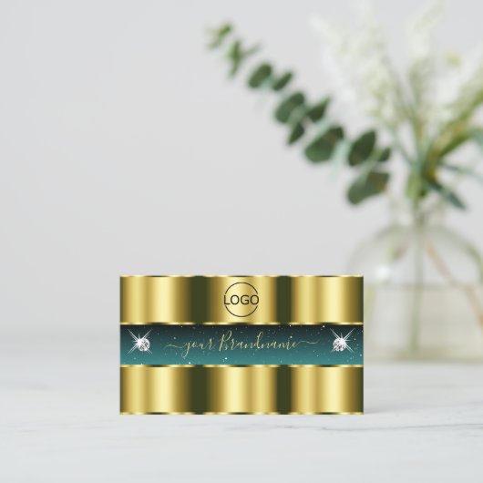 ラグジュアリー金ゴールドティール（緑がかった色）きらめくブラックダイヤモンド追加ロゴ 名刺 (スタンド正面)