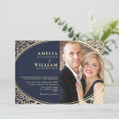 ラグジュアリー金ゴールドネイビーブルーフローラフォトウェディング招待 招待状 (スタンド正面)