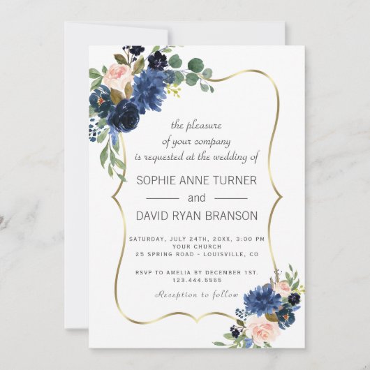 ラグジュアリー金ゴールドネイビーブルー赤面フラワーズ結婚開花 招待状 (正面)