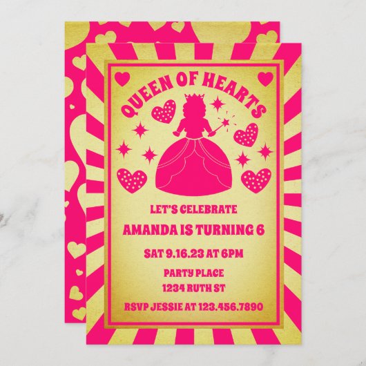 ラグジュアリー金ゴールドピンククイーンオブハート誕生日 招待状 (正面/裏面)