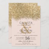 ラグジュアリー金ゴールドピンクグリッター紙吹雪婚約 招待状 (正面/裏面)