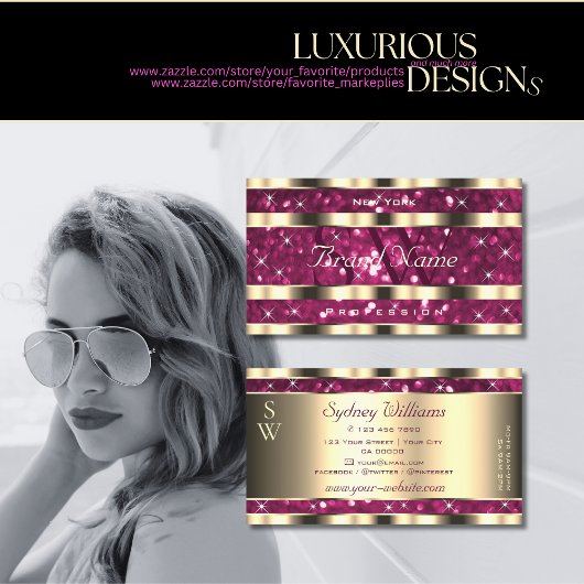 ラグジュアリー金ゴールドピンクスパークルグリッタースターズモノグラム 名刺