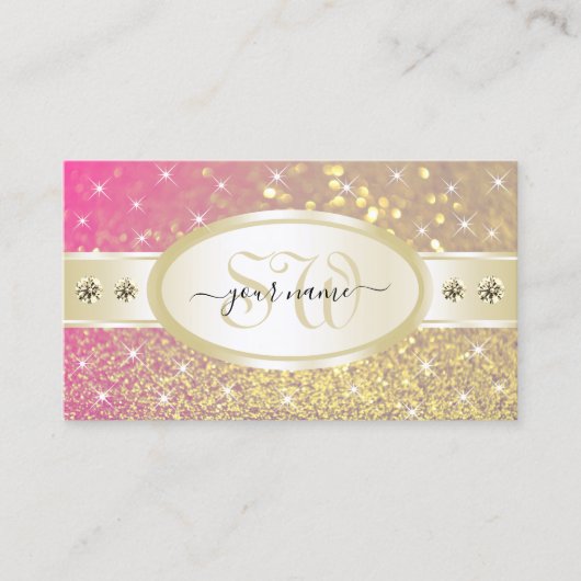 ラグジュアリー金ゴールドピンクパープルグリッターダイヤモンドモノグラム 名刺 (正面)