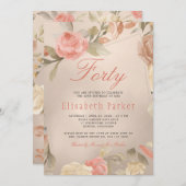 ラグジュアリー金ゴールドピーチコーラルフローラ40th誕生日パーティー 招待状 (正面/裏面)