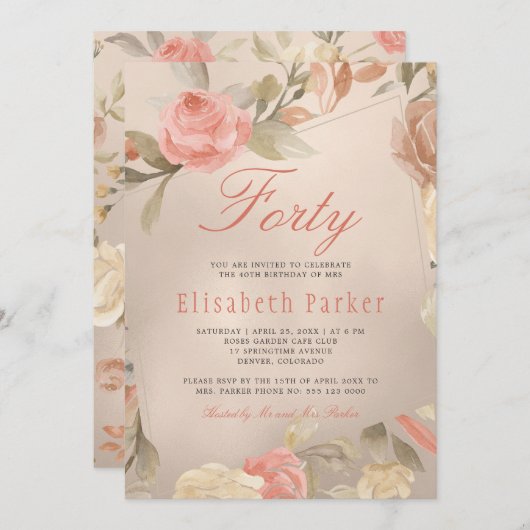 ラグジュアリー金ゴールドピーチコーラルフローラ40th誕生日パーティー 招待状 (正面/裏面)