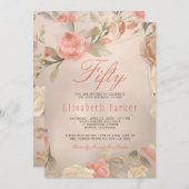 ラグジュアリー金ゴールドピーチコーラルフローラ50thバースデーパーティー 招待状 (正面/裏面)