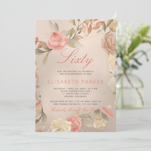 ラグジュアリー金ゴールドピーチコーラルフローラ60thバースデーパーティー 招待状 (スタンド正面)