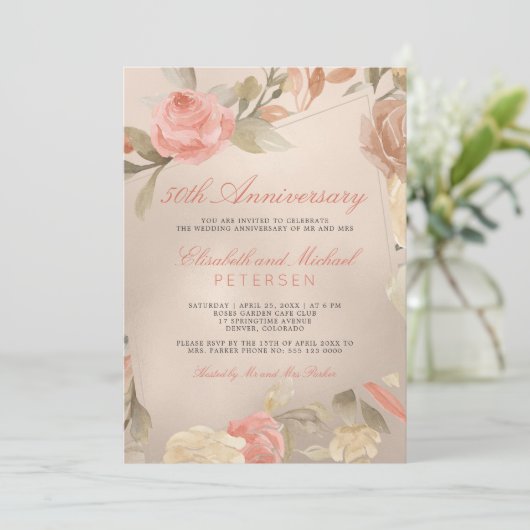 ラグジュアリー金ゴールドピーチ結婚コーラルフローラ記念日 招待状 (スタンド正面)