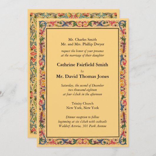 ラグジュアリー金ゴールドフロレンティーヌアラベスク結婚ズ 招待状 (正面/裏面)