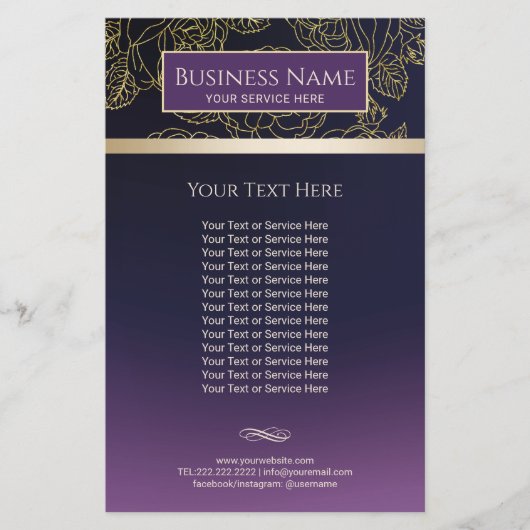 ラグジュアリー金ゴールドフローラルパターンパープルサロン&スパ チラシ (正面)