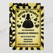 ラグジュアリー金ゴールドブラッククイーンオブハート誕生日 招待状 (正面/裏面)