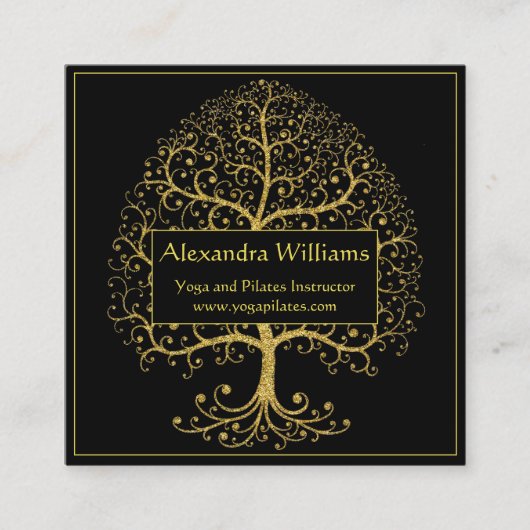 ラグジュアリー金ゴールドブラックツリーオブライフパーソナライズされた スクエア名刺 (正面)