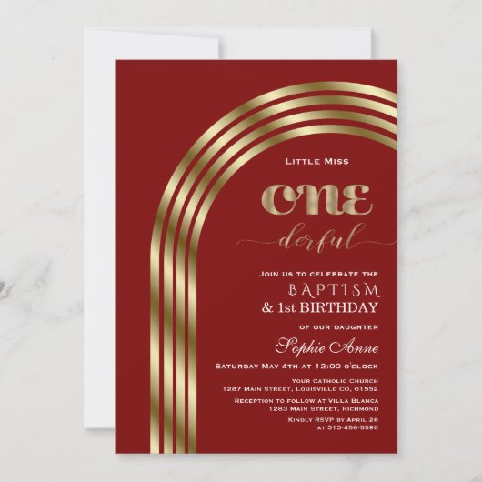 ラグジュアリー金ゴールドブルガンディガールファースト誕生日&バプテスマ 招待状 (正面)