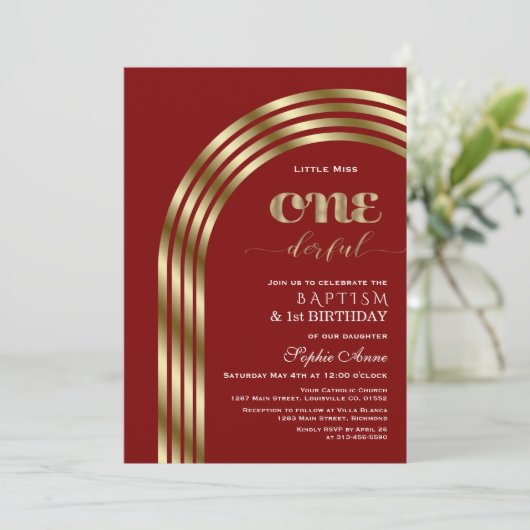 ラグジュアリー金ゴールドブルガンディガールファースト誕生日&バプテスマ 招待状 (スタンド正面)