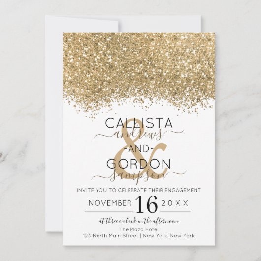 ラグジュアリー金ゴールドホワイトグリッター紙吹雪婚約 招待状 (正面)