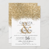 ラグジュアリー金ゴールドホワイトグリッター紙吹雪婚約 招待状 (正面/裏面)