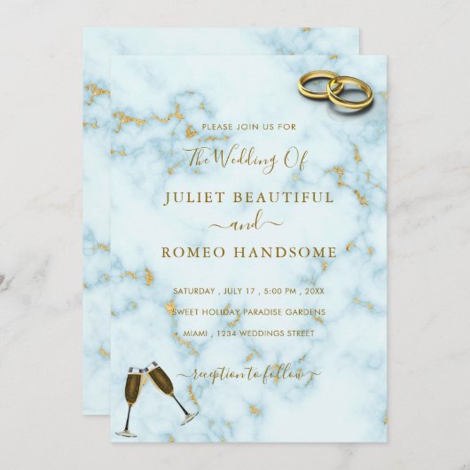 ラグジュアリー金ゴールドホワイトマーブルリングや輪結婚式招待状 (正面/裏面)