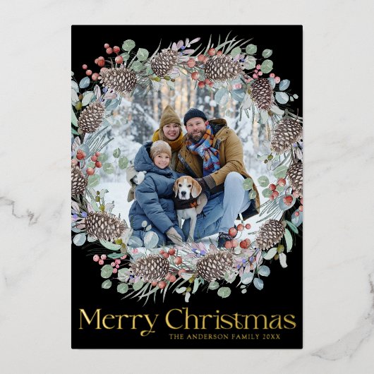 ラグジュアリー金ゴールドメリークリスマス&リース 箔シーズンカード (正面)