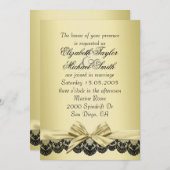ラグジュアリー金ゴールドリボンブラックレースウェディング招待 招待状 (正面/裏面)