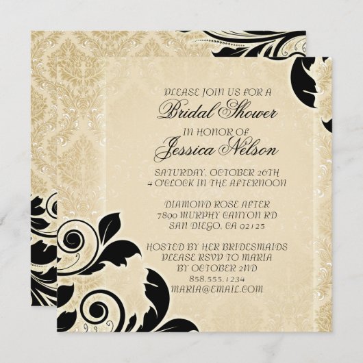 ラグジュアリー金ゴールドロマンティックダマスシャワー招待状 招待状 (正面/裏面)