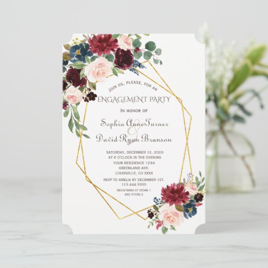 ラグジュアリー金ゴールド幾何学的ブルゴーニュフローラ婚約 招待状 (スタンド正面)