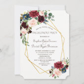 ラグジュアリー金ゴールド幾何学的ブルゴーニュフローラ婚約 招待状 (正面)