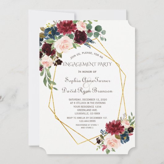 ラグジュアリー金ゴールド幾何学的ブルゴーニュフローラ婚約 招待状 (正面)