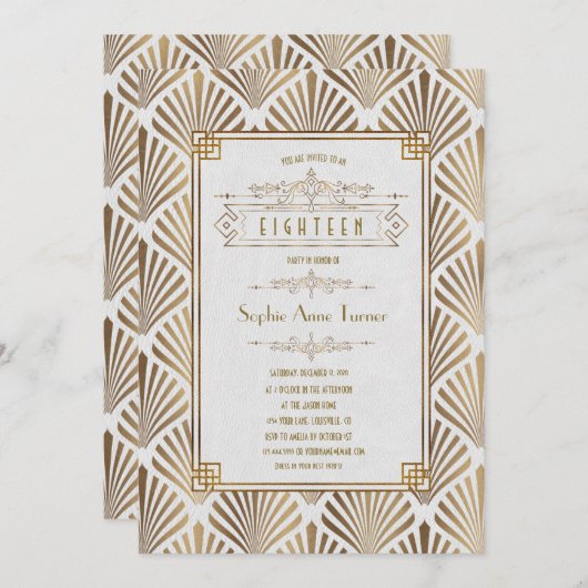 ラグジュアリー金ゴールド素晴らしアールデコギャツビー18誕生日 招待状 (正面/裏面)