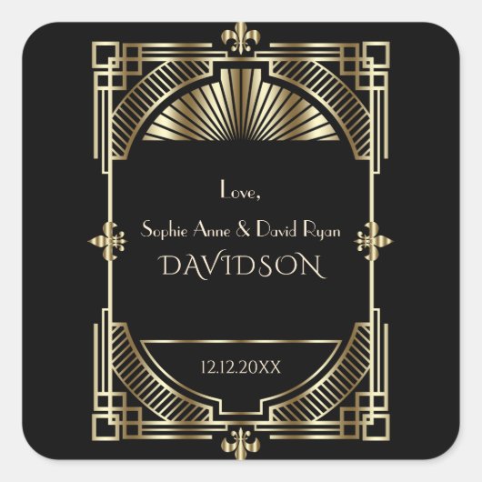 ラグジュアリー金ゴールド素晴らしブラックGatsby Roaring 20結婚s スクエアシール (正面)
