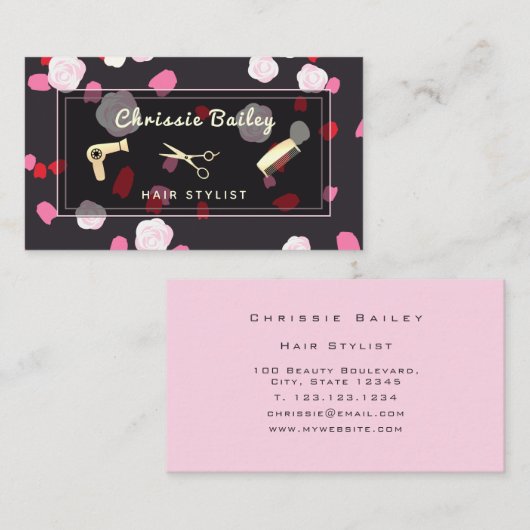 ラグジュアリー金ゴールド美容師ツールピンクフローラ 名刺 (正面/裏面)