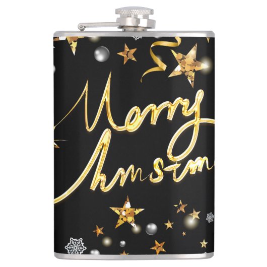 ラグジュアリー金ゴールド&ブラックスターメタリックファッションクリスマス フラスク (正面)