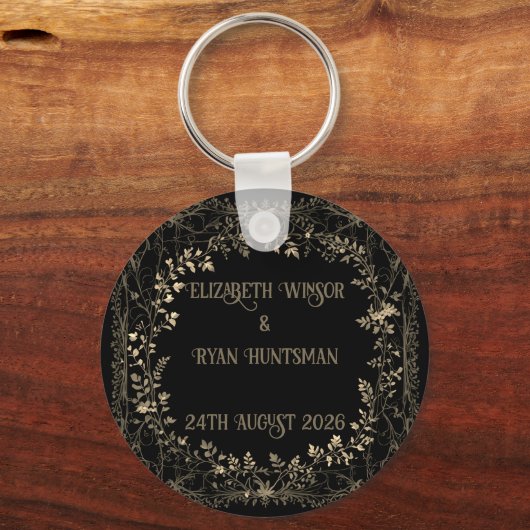 ラグジュアリー金ゴールド&ブラックセピアフローラ仕上げ キーホルダー (正面)