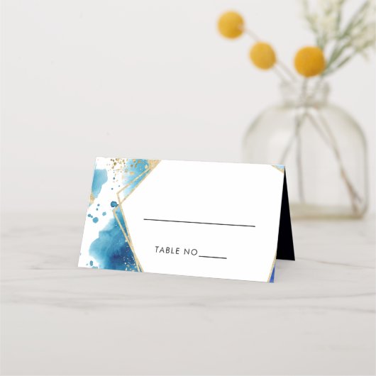 ラグジュアリー金ゴールド&ブルーフレーム結婚海の座席表 プレイスカード (正面)