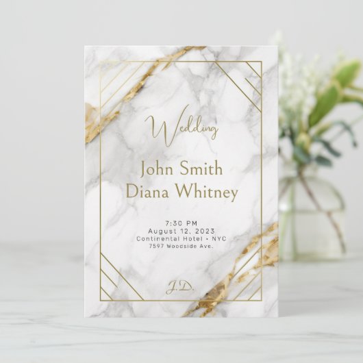 ラグジュアリー金ゴールド&ホワイトマーブル結婚式招待状 招待状 (スタンド正面)