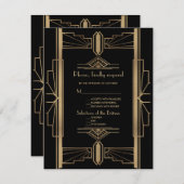 ラグジュアリー1920の金ゴールドブラックアールデコ結婚ズ 出欠カード (正面/裏面)