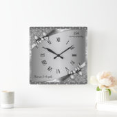 ラグジュアリー25周年メタリックシルバー&ダイヤモンド  スクエア壁時計 (ホーム)