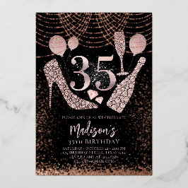 ラグジュアリー35th誕生日グリッターバラ金ゴールドブラック 箔招待状