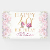 ラグジュアリー40thバースデーピーニーズピンク金ゴールドグリッター 横断幕 (横)