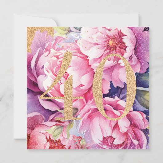 ラグジュアリー40th誕生日フローラピンク金ゴールドグリッター サンキューカード (裏面)