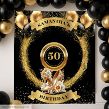 ラグジュアリー50誕生日タペストリーブラック金ゴールドハイヒール