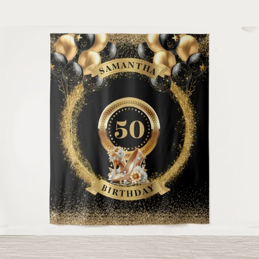ラグジュアリー50誕生日タペストリーブラック金ゴールドハイヒール タペストリー (正面)