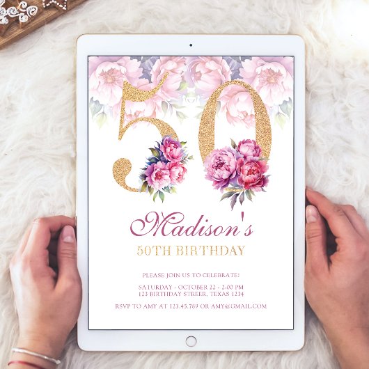 ラグジュアリー50誕生日フローラピンク金ゴールドグリッター 招待状
