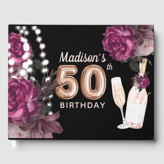 ラグジュアリー50th誕生日パーソナライズされたバラワイン ゲストブック (正面)