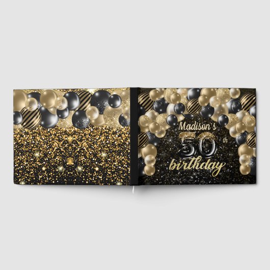 ラグジュアリー50th誕生日パーソナライズされたブラック金ゴールド ゲストブック (全面)