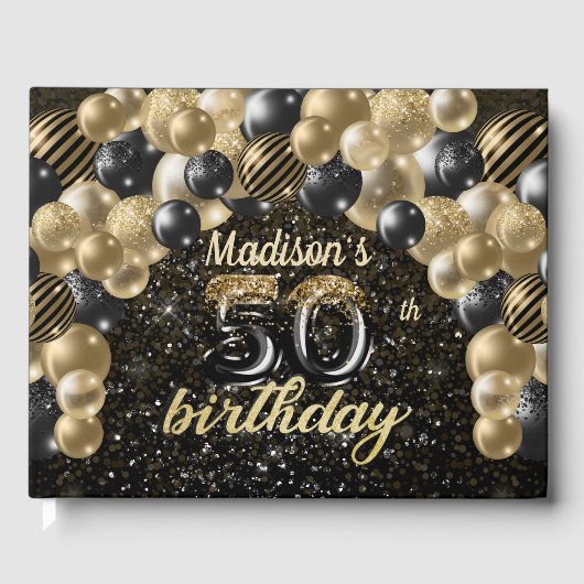 ラグジュアリー50th誕生日パーソナライズされたブラック金ゴールド ゲストブック (正面)
