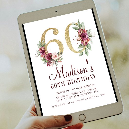 ラグジュアリー60誕生日ブルゴーニュ金ゴールドフローラ 招待状