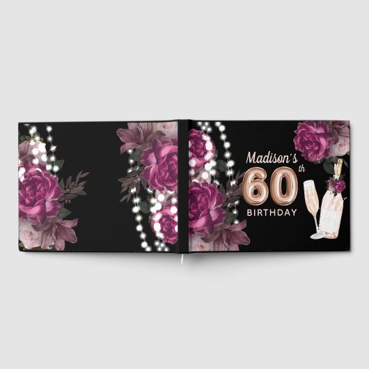 ラグジュアリー60th誕生日パーソナライズされたバラワイン ゲストブック (全面)