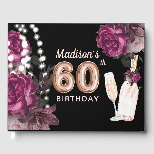 ラグジュアリー60th誕生日パーソナライズされたバラワイン ゲストブック (正面)