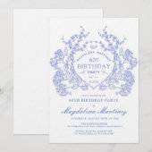 ラグジュアリー60th誕生日ヴィンテージブルーフローラクレスト 招待状 (正面/裏面)